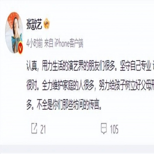 张歆艺为演艺界艺人发声：被妖魔化真心很难过