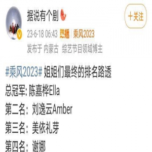 《浪姐4》最终排名路透，孙悦未进入前十，美依礼芽第三谢娜第四